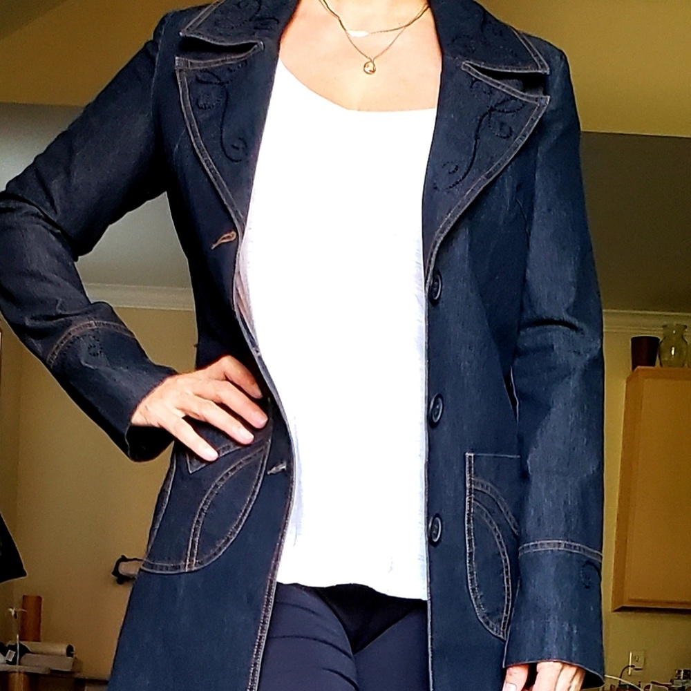 Bisou Bisou Dark Navy Blue Denim Jacket Coat XS